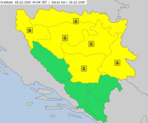 Subota – 19. decembar: Žuti meteoalarm za područje Prijedora